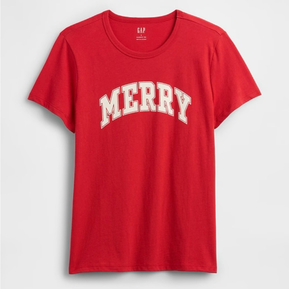 NEW!! Festive Women's Gap Favorite Tee with “Merry” Text (Red-Large)- NWT